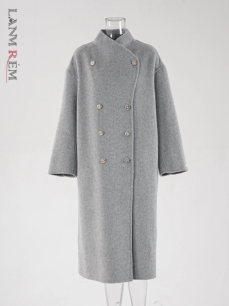 

LANMREM Irregular Woolen Coats For Women Double Breasted Gray Color Loose Style Female Fashion Clothing 2024 Winter New CPG1802