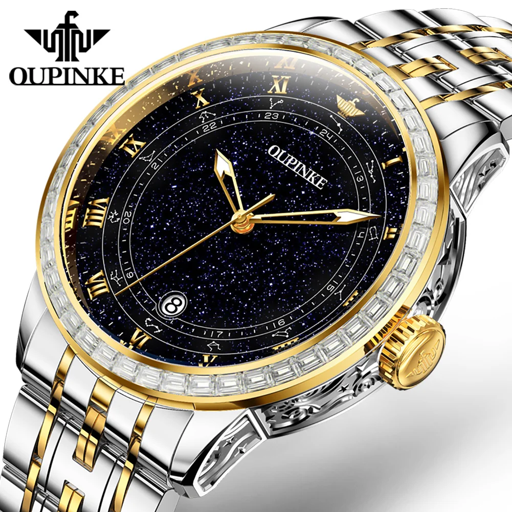 OUPINKE 3203 Automatic Watch For Men Synthetic Sapphire Mirror Man Hand Clock Diamond Starry Sky Dial Men\'s Mechanical Watches