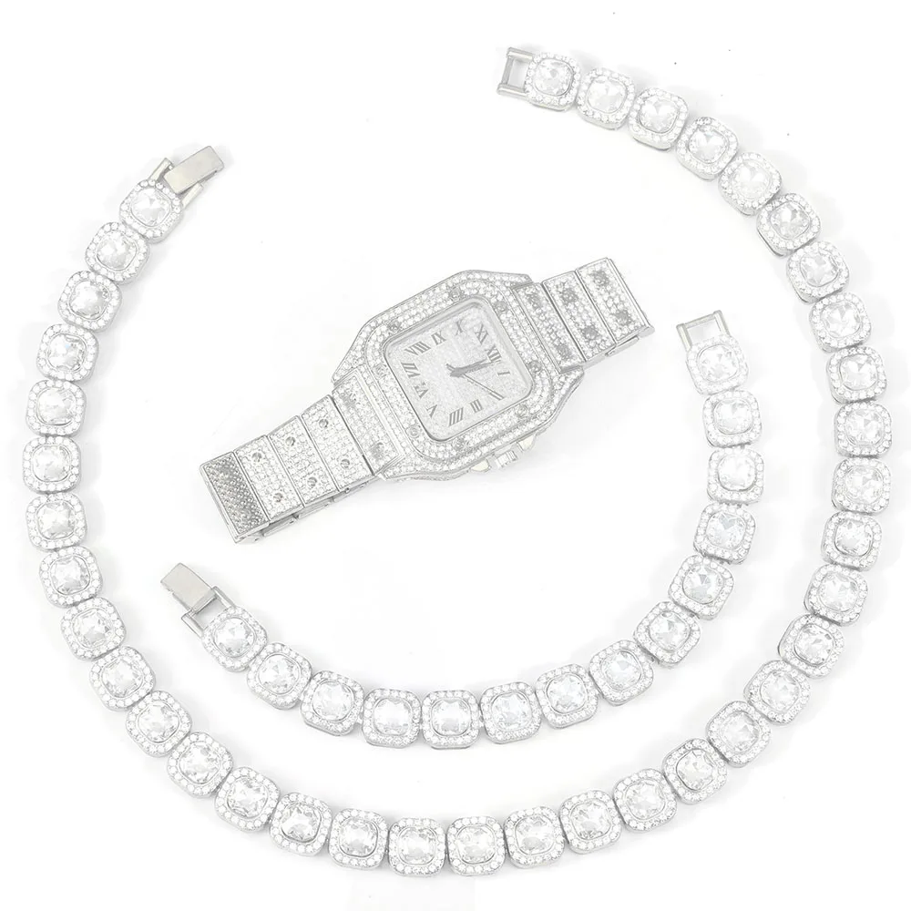 3pcs Stylish Watch Set Luxury Hip-hop Punk Sugar Cube Chain+Bracelet+Square Watch 3-in-1 Set Men Street Style Trend Jewelry Gift