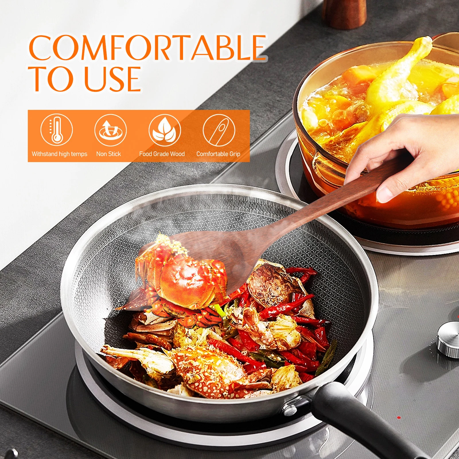 

3 Pcs Wooden Spatula Set Nonstick Kitchen Cooking Utensils Chicken Wing Wood Spoons Flipping Frying Tools Safe Handle