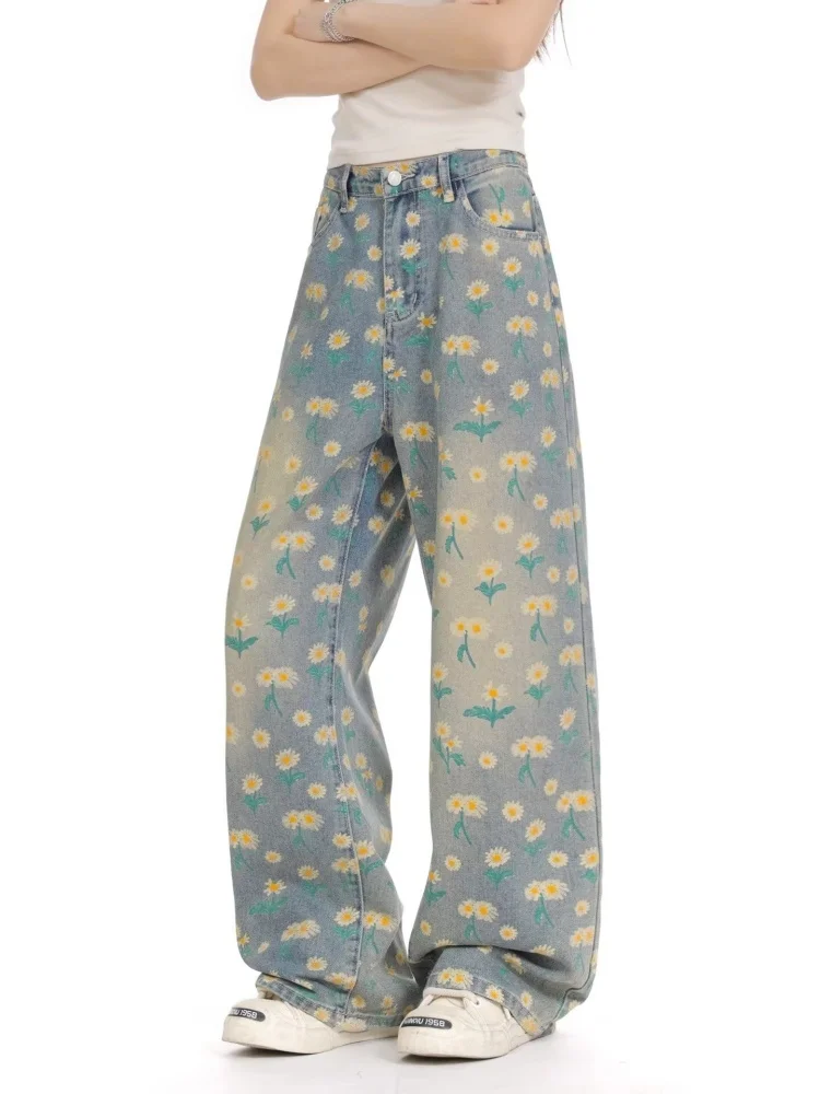 2025 Summer Y2K Fashion Flowers Printed Vintage Blue Baggy Jeans Pants For Women Clothing Casual Lady Denim Trousers Ropa Mujer