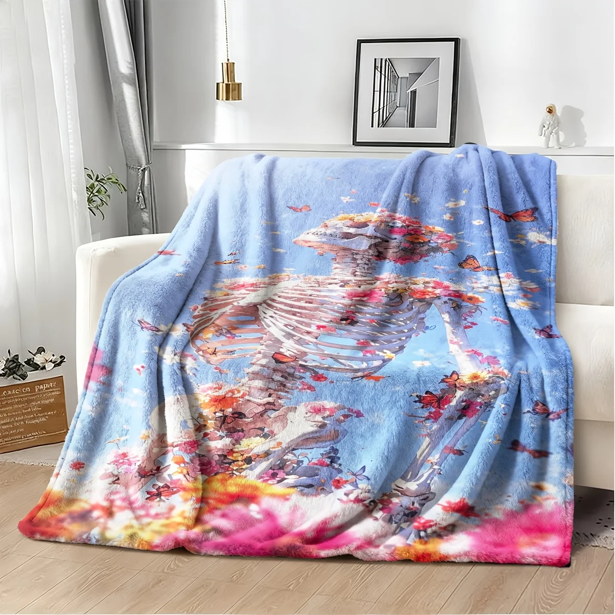 Large Decorative Floral Skeleton Butterfly Throw Blanket Cozy Gothic Art Print Fleece Bed Cover 150x230cm