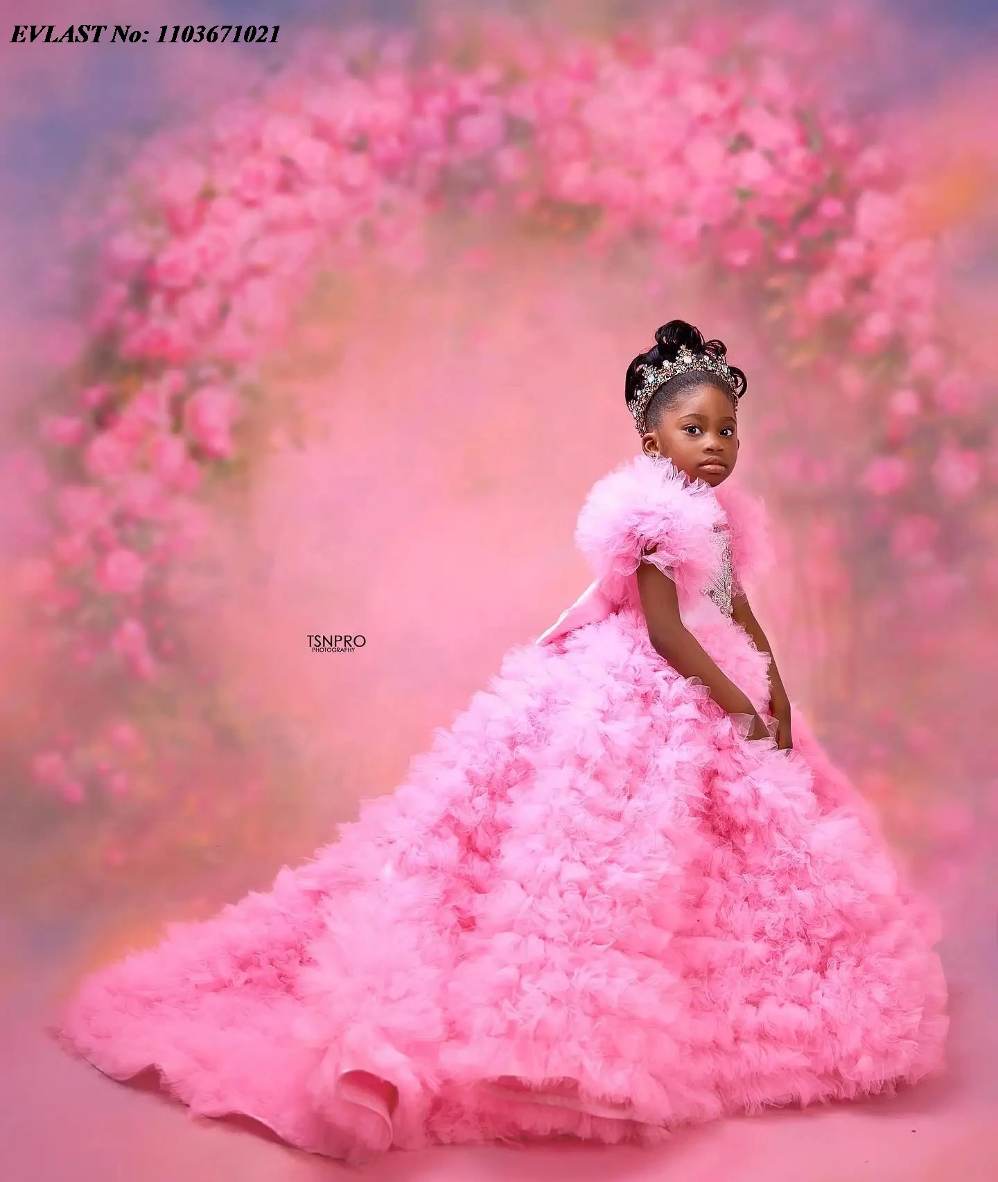 EVLAST Customized Pink Flower Girls Dress for Wedding Ruffles Tulle Girl Pageant Dress Kids Party Prom Birthday Ball Gowns FD51