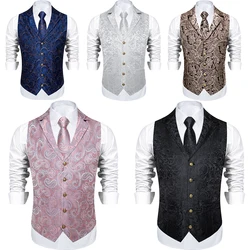 Mens Suit Vest Black Silver Paisley Floral Gothic Waistcoat Party Dresses Victorian Vest Tie Set Groomman For Wedding