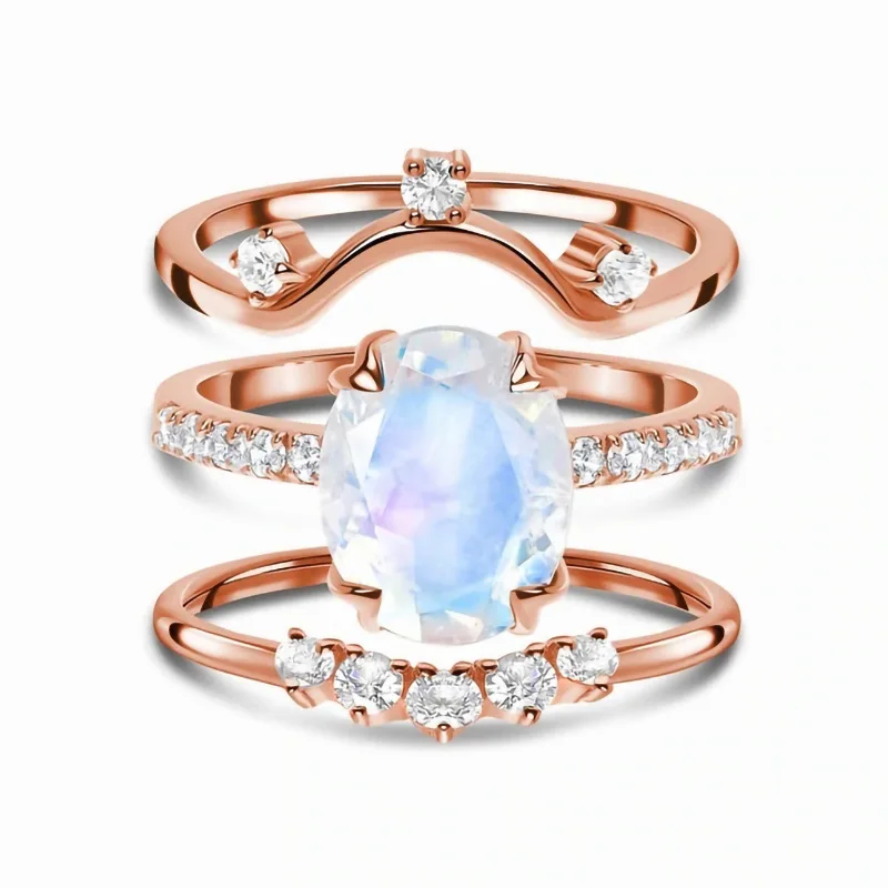 

European and American design sense s925 sterling silver multi-layer moonlight stone rose gold ring women's exquisite jewelry