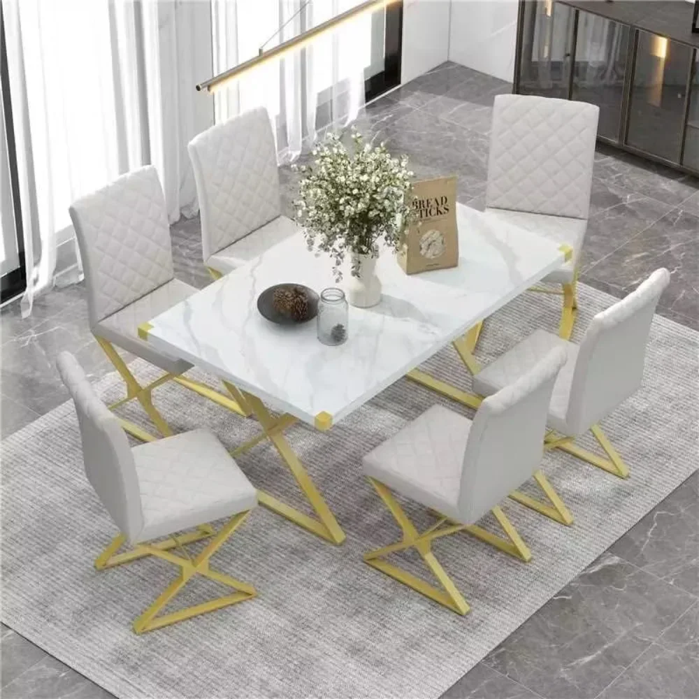 

7-piece Modern Furniture Set, Rectangular Marble Textured Table and 6 PU Leather Chairs with X-shaped Golden Steel Tube Legs