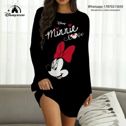 Long-sleeved knee-length home wear summer women's round neck pullover dress 3D cartoon print long-sleeved dress