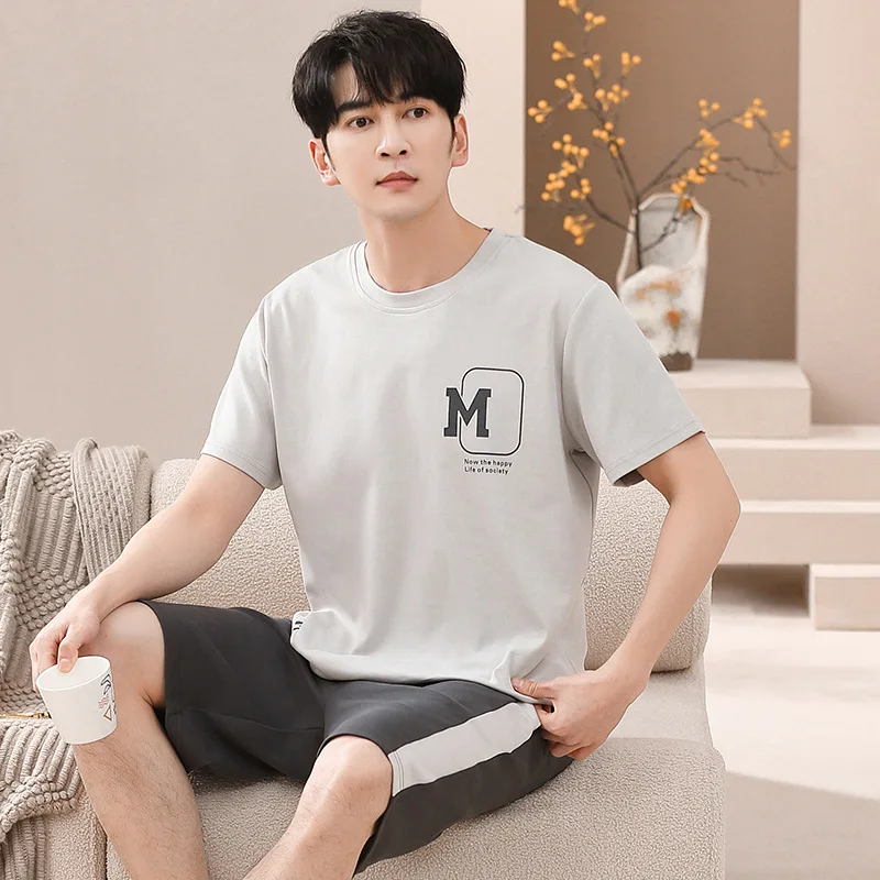 New Sleepwear Cotton Pajamas for Men Short Pants Short Sleeved Summer Loungewear Fashion Home Clothing Homewear Youth Boy Pjs