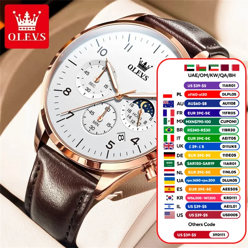 OLEVS Men's Watches Quartz Watch For Man Leather Strap Simple Casual Multifunctional Chronograph Wristwatch Date 2882