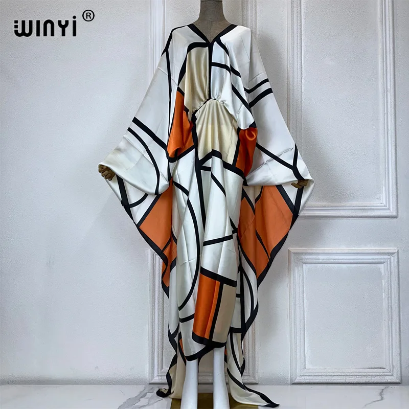 WINYI Geometric boho print beach Cover Up Women beach wear women 2024 Sexy V-neck Dresses Summer Woman Clothes Cloak dress