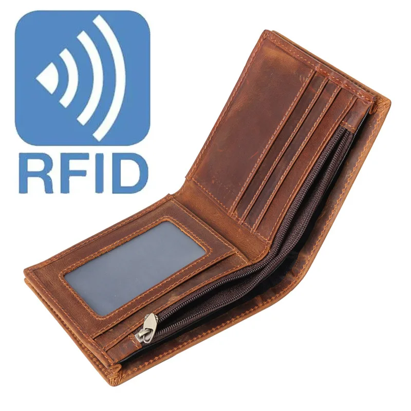 RFID Blocking Men's Wallet Man Vintage Cow Genuine Leather Wallet Male Handmade Billfold Coin Purse Short Wallet