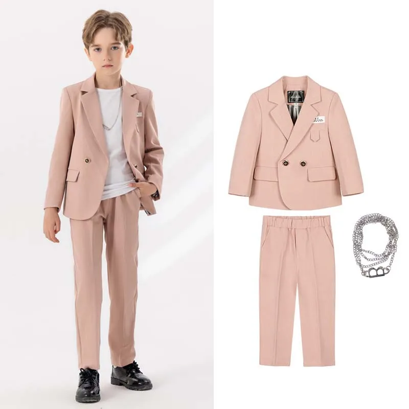 

Children Jacket Pants Necklace 3PS Piano Party Dress Boys Graduation Ceremony Photograph Suit Kids Host Performance Show Costume