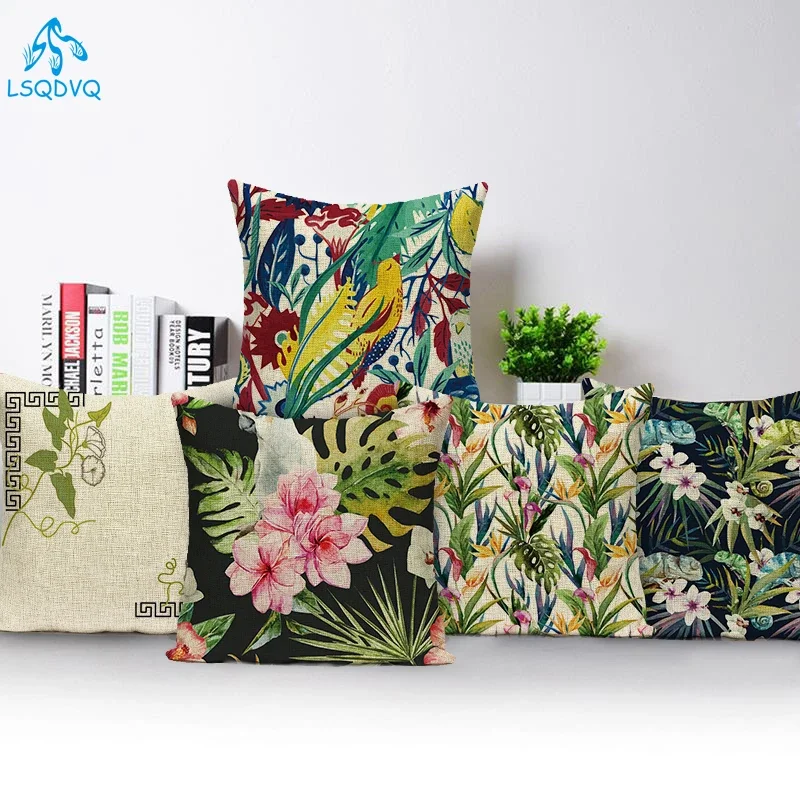 Tropical Green Plant Animal Parrot Flower Cactus Farmhouse Home Decor Pillow Cushion Cover for Sofa Home Living Room Pillowcase