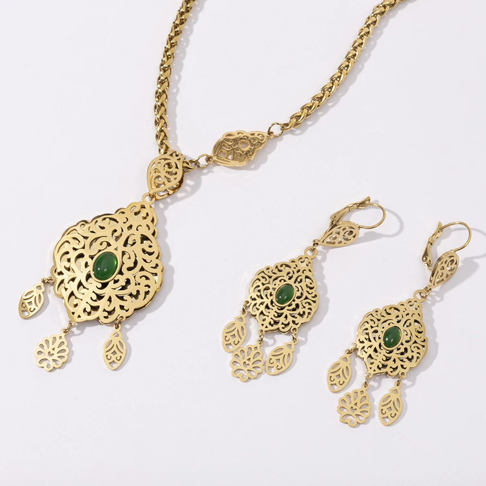 

LUIZIDA 2025 Hot Selling Fashion High Quality Stainless Steel Set Necklace Earring with Green Gemstones For Party