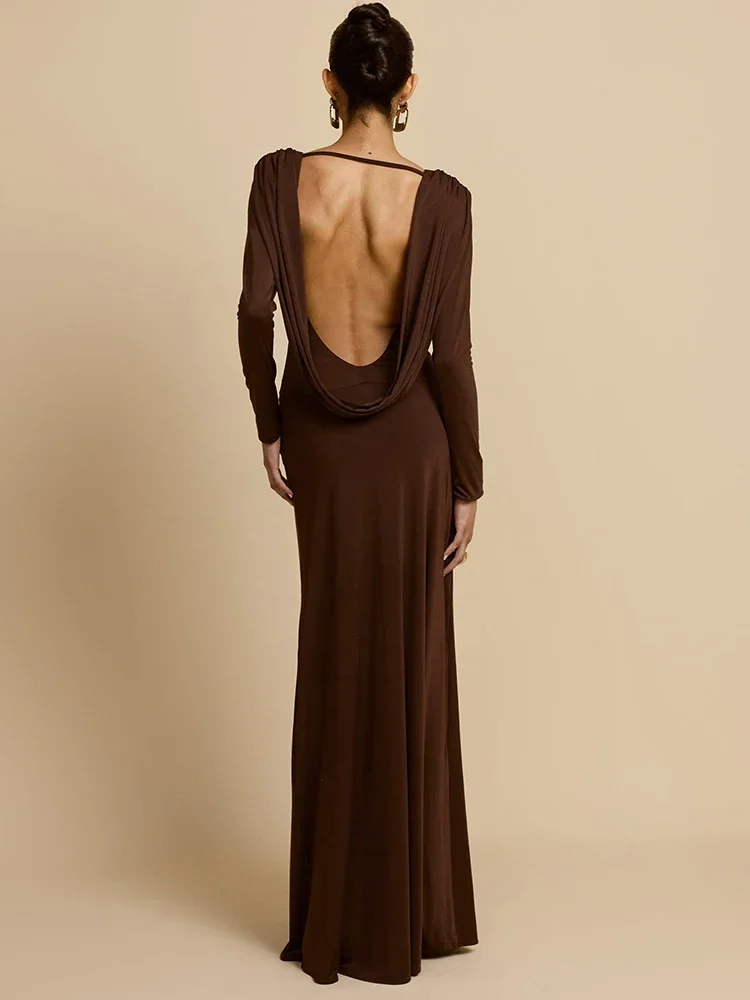

Elegant Deep V Neck Backless Sexy Maxi Dress For Women Brown Long Sleeve High Waist Ruched Club Party Long Dresses 2025 New