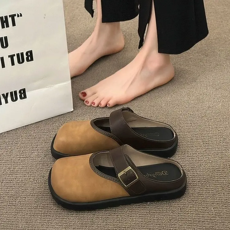 Women's Two Tone Square Toe Buckle Strap Backless Casual Comfortable Flat Shoes for Daily Wear