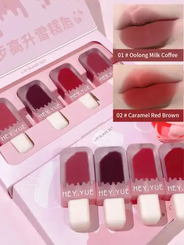 Set de Brillo Labial Popsicle Ice Cream, 4 Colores, Acabado Mate Aterciopelado, Resistente al Agua y a la Decoloración, Alta Pigmentación, para Uso Diario y Festivo