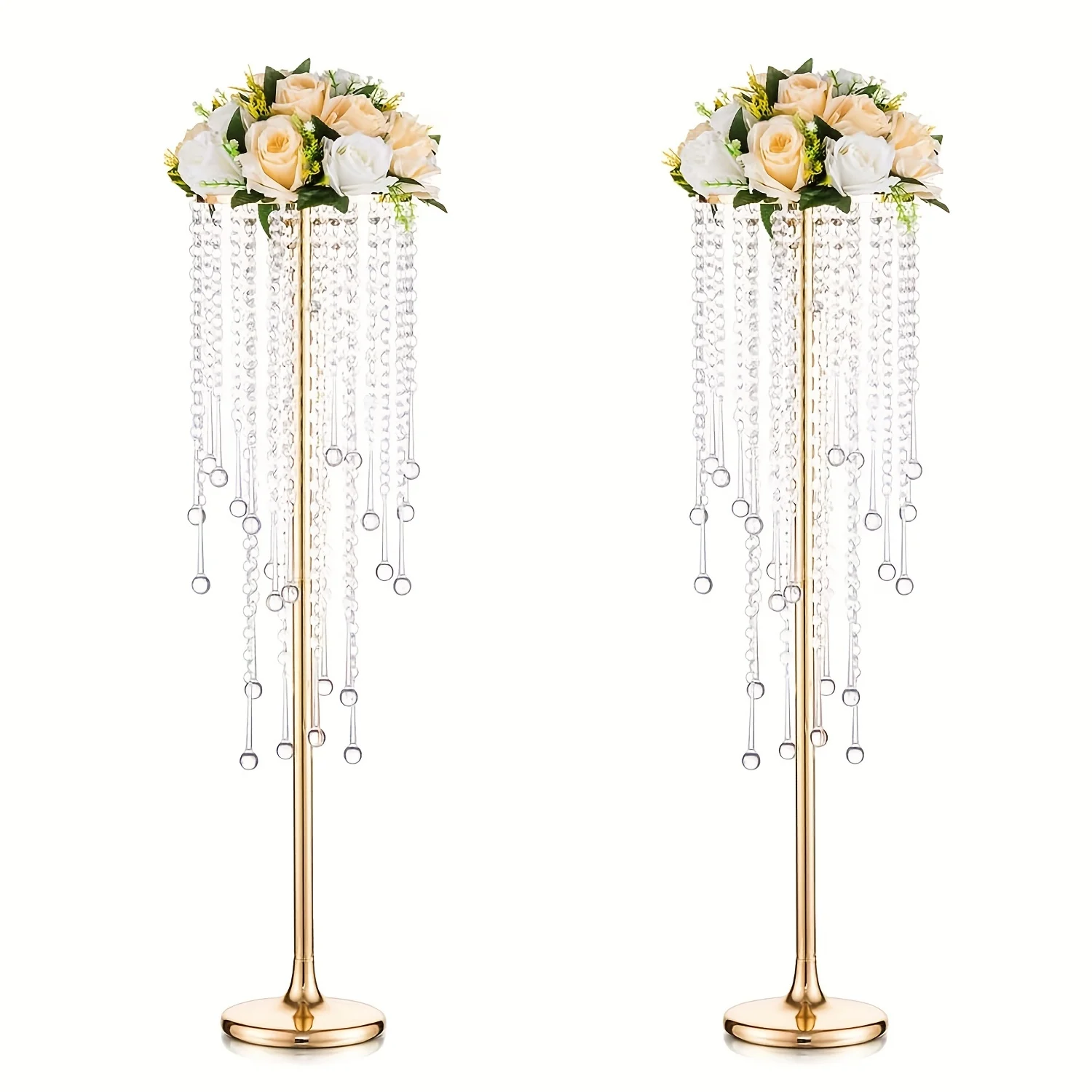 2er-Set Hochzeits-Blumenständer, Acryl-Kristall-Perlen-Bodenvase, Hoher Metall-Hochzeits-Tischdekorationsständer, Halter für Künstliche Blumenarrangements, für Hochzeitsgang-Dekoration, Party,