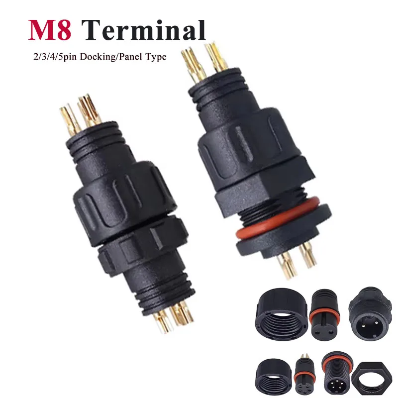 Waterproof M8 2/3/4/5pin Docking/Panel Type Connector Gold-plated Terminals Male Female Solder M8 Solid Pin Aviation Plug Socket