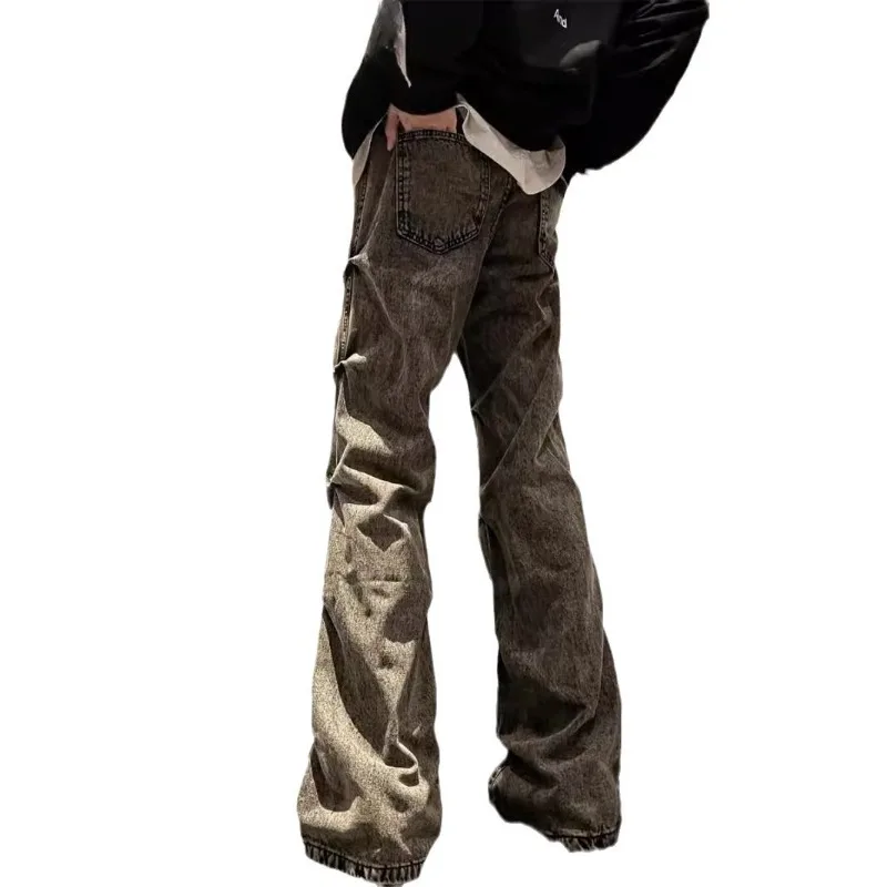 

American Retro Pleated Jeans High Street Pants Men's Trendy Brand European ， American Street Washed Straight Micro-flared Pants