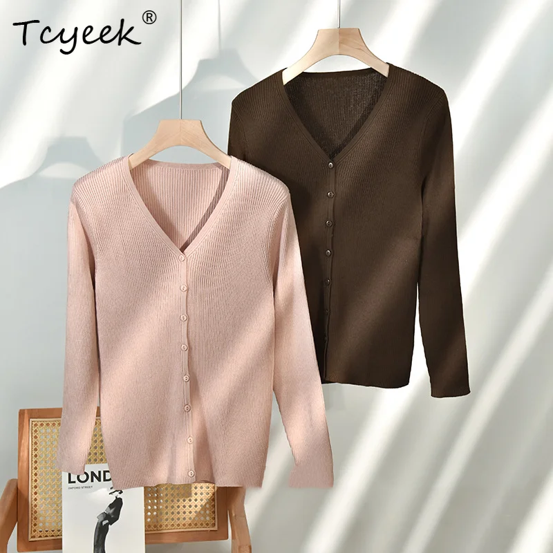 Tcyeek Real Spun Silk Cardigans, V-Neck, Hollow Out, Women's Jacket, Fashion Elegant Vintage, 2024 Autumn Winter C49706QM