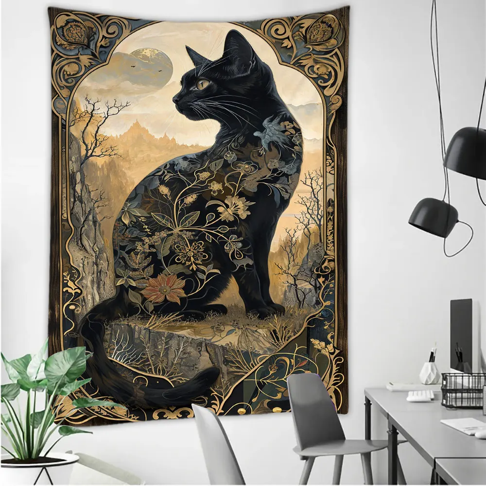 Psychedelic Black Cat Tapestry Wall Hanging Rose and Sunbeam Art Nouveau Floral Wall Art Animal Cat Lovers Gift Home Decor