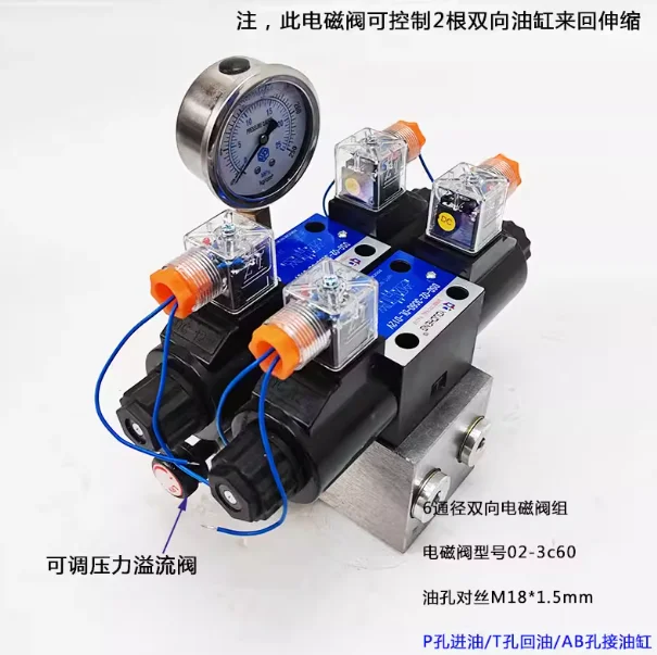 

Новый гидравлический двунаправленный электромагнитный клапан 2026 года для AC220V с двойным соленоидом, предохранительным клапаном и манометром