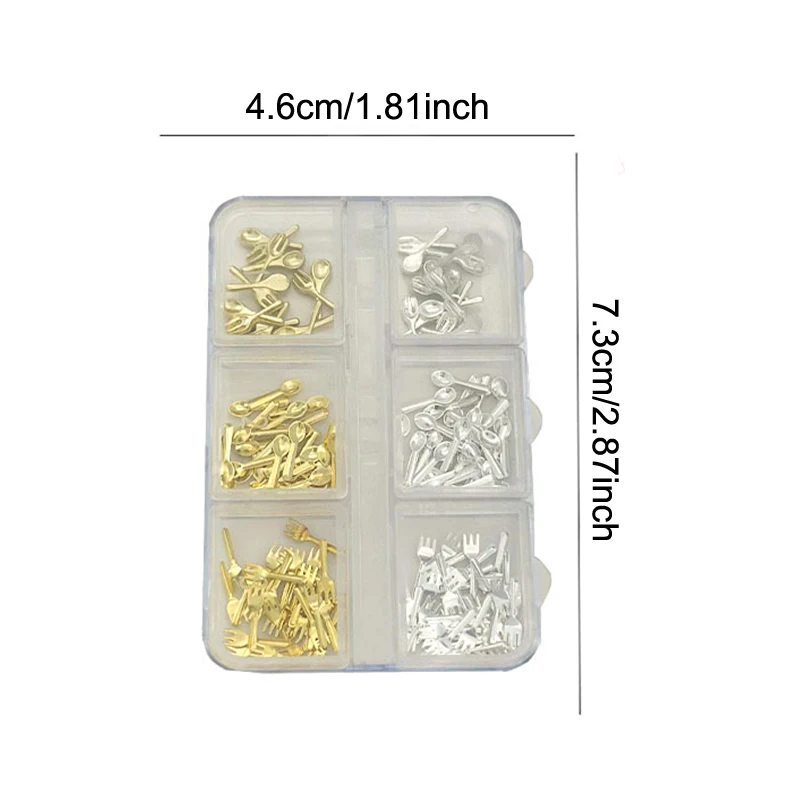 6グリッド/ボックス入りミックスゴールドシルバーミニフォークスプーン食器合金ネイルアートラインストーンデコレーションマニキュアキュアチャームアクセサリー