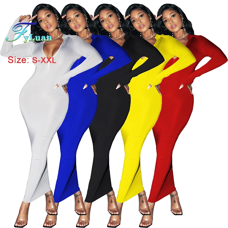 2025 High-End Women's Long Dress Solid Color Deep V Long Sleeve Tight Fitting Female Ankle Length Dress Sexy Fashion Prom Gowns