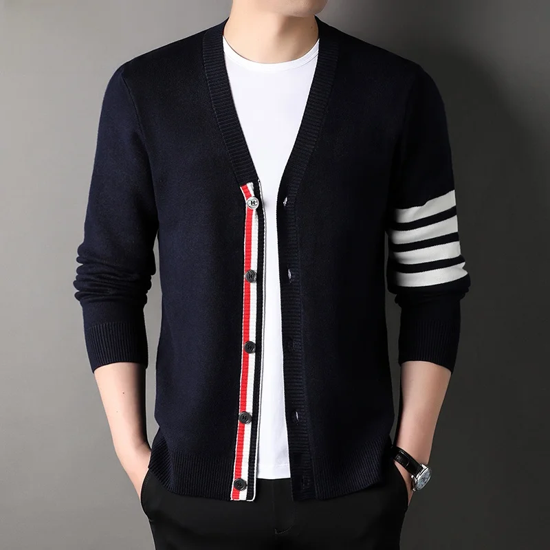  Hilfiger V-Neck Knitted Open Cardigan Classic Stripes Casual Sweater Jacket for Men Trendy Spring Autumn Wear