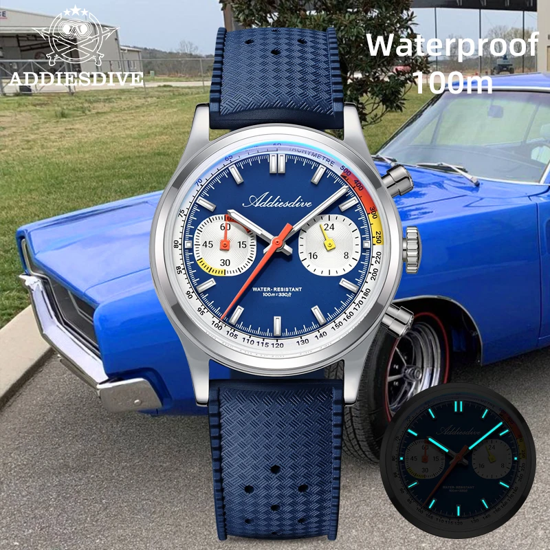 ADDIESDIVE Top Sale 38mm Men Watch 10Bar Waterproof AD2529 BGW9 Super Luminous Fluorocarbon Rubber VK64 Chronograph Quartz Watch