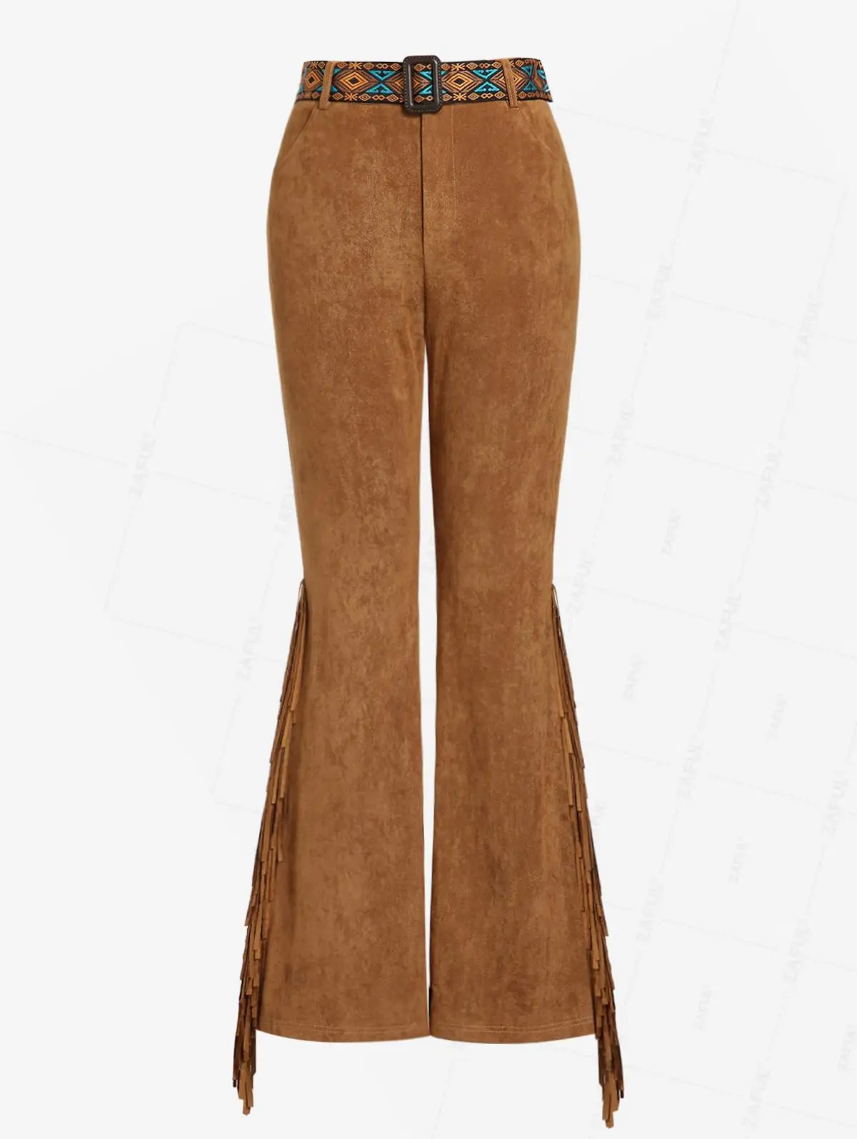 

ZAFUL Women's Daily Streetwear Tassels Decor Faux Suede Ethnic Geometric Print Belt Cowgirl Western Flare Pant