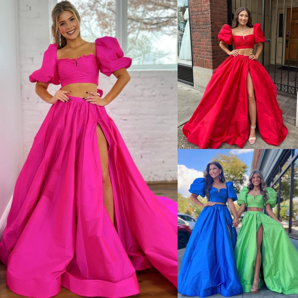 2-Piece Prom Dress Ballon Sleeves Bodysuit Slit Jumpsuit Chartreuse Taffeta Preteen Lady Pageant Winter Formal Evening Romper