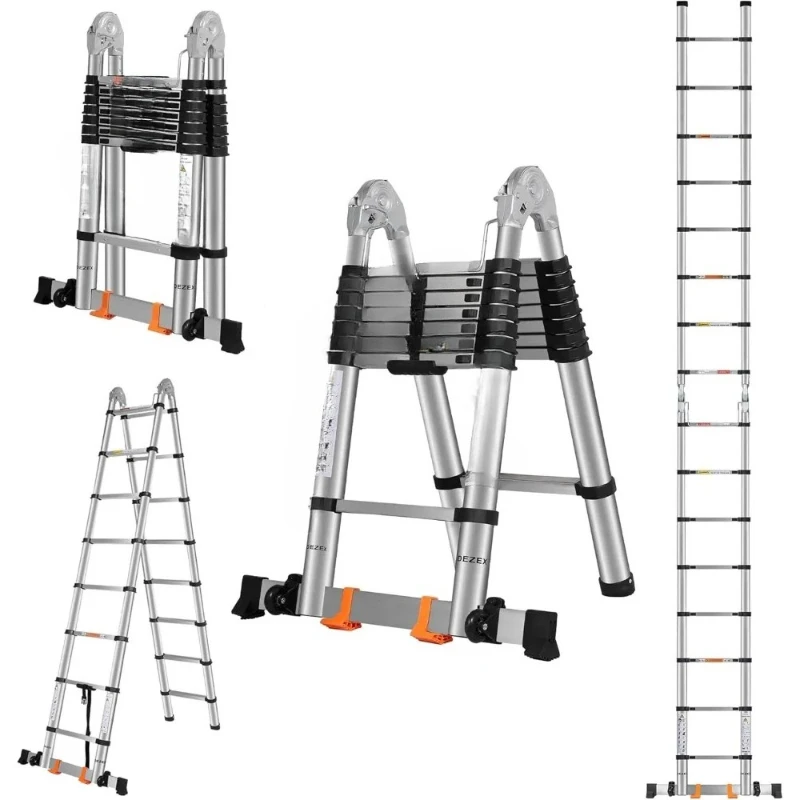 Telescoping Ladder 16.5 FT Stainless Steel, 375lbs Capacity With Balance Bar and Movable Wheels, Multi-Purpose Collapsible