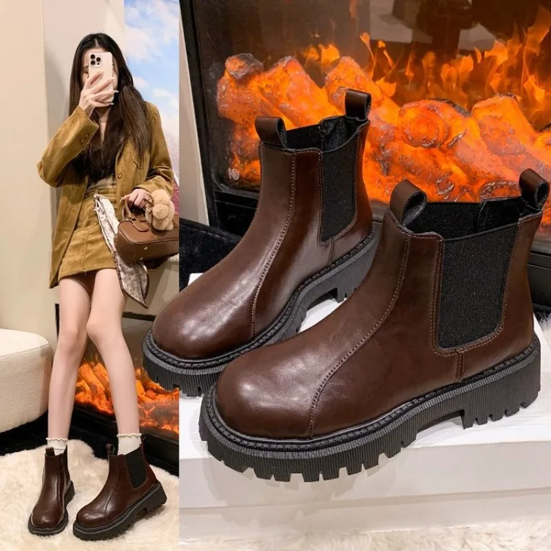 

Ankle Boots Platform Women Cow Leather Chelsea Boots Round Toe Elastic Band Thick Sole Ladies Shoes Handmade Plus Size 41 42