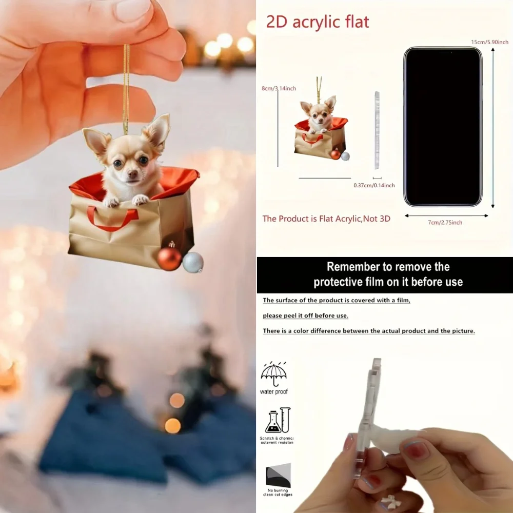 2D Cute Chihuahua Keychain Dog In Bag Acrylic Chic Puppy Pendant Versatile Charm,Decor for Car Mirror,Backpack,Home,Festive,Gift