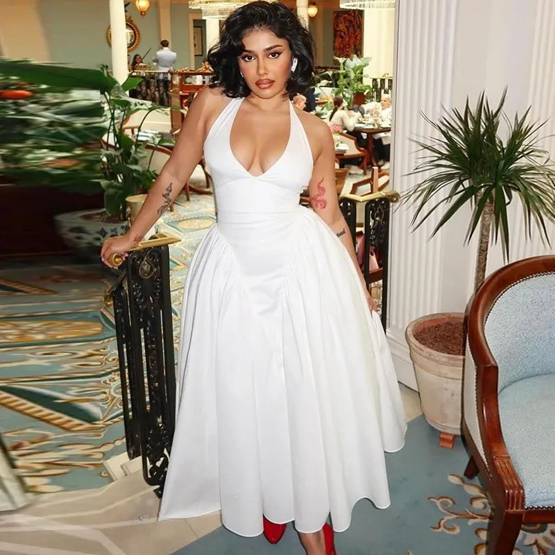 

Летнее женское платье без бретелек, однотонное, без рукавов, миди, элегантное вечернее платье для женщин, из полиэстера и молочного шелка.