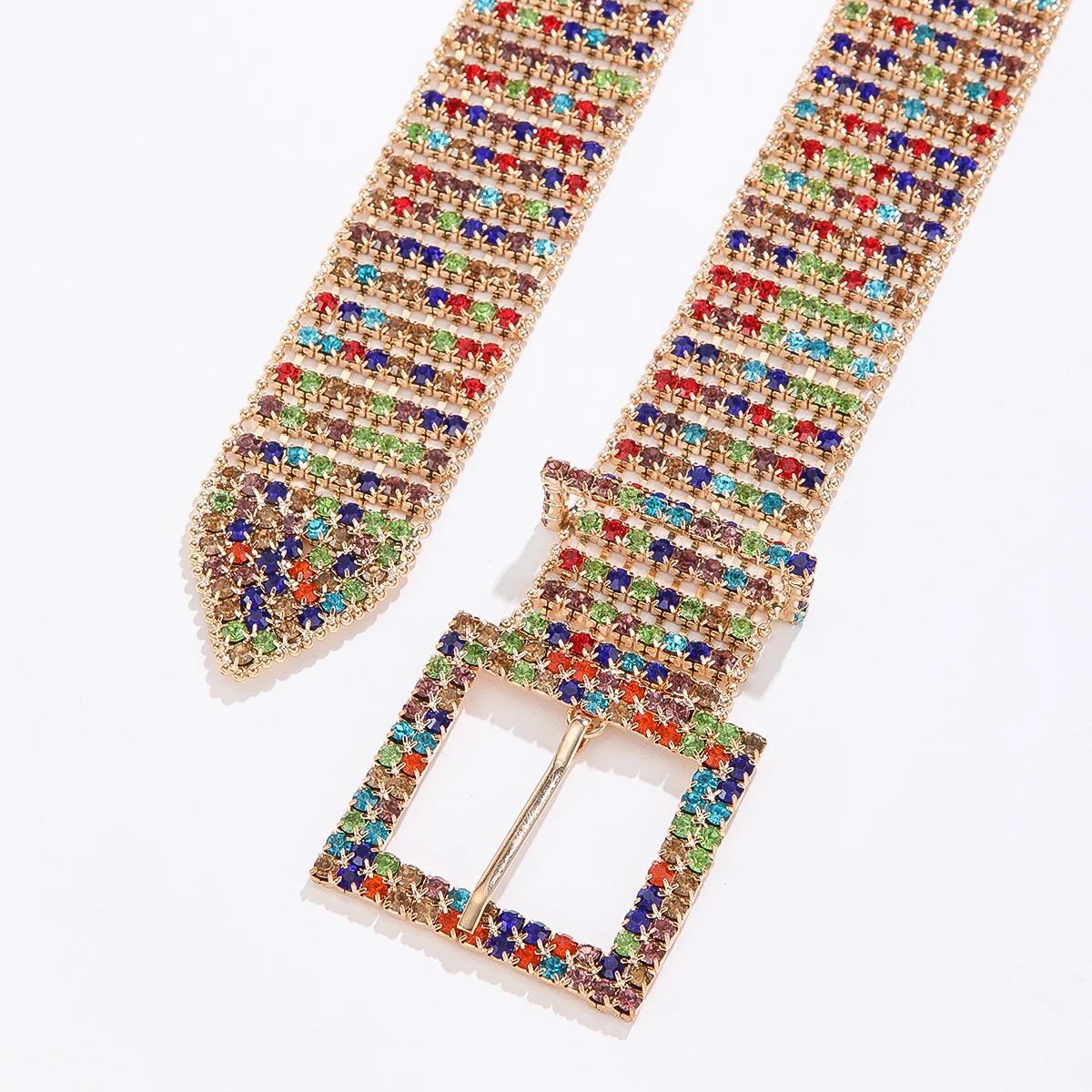 Fashion Waist 8 Rows Gold Plated with Colorful Rhinestones Decor Women`s Chain Belts