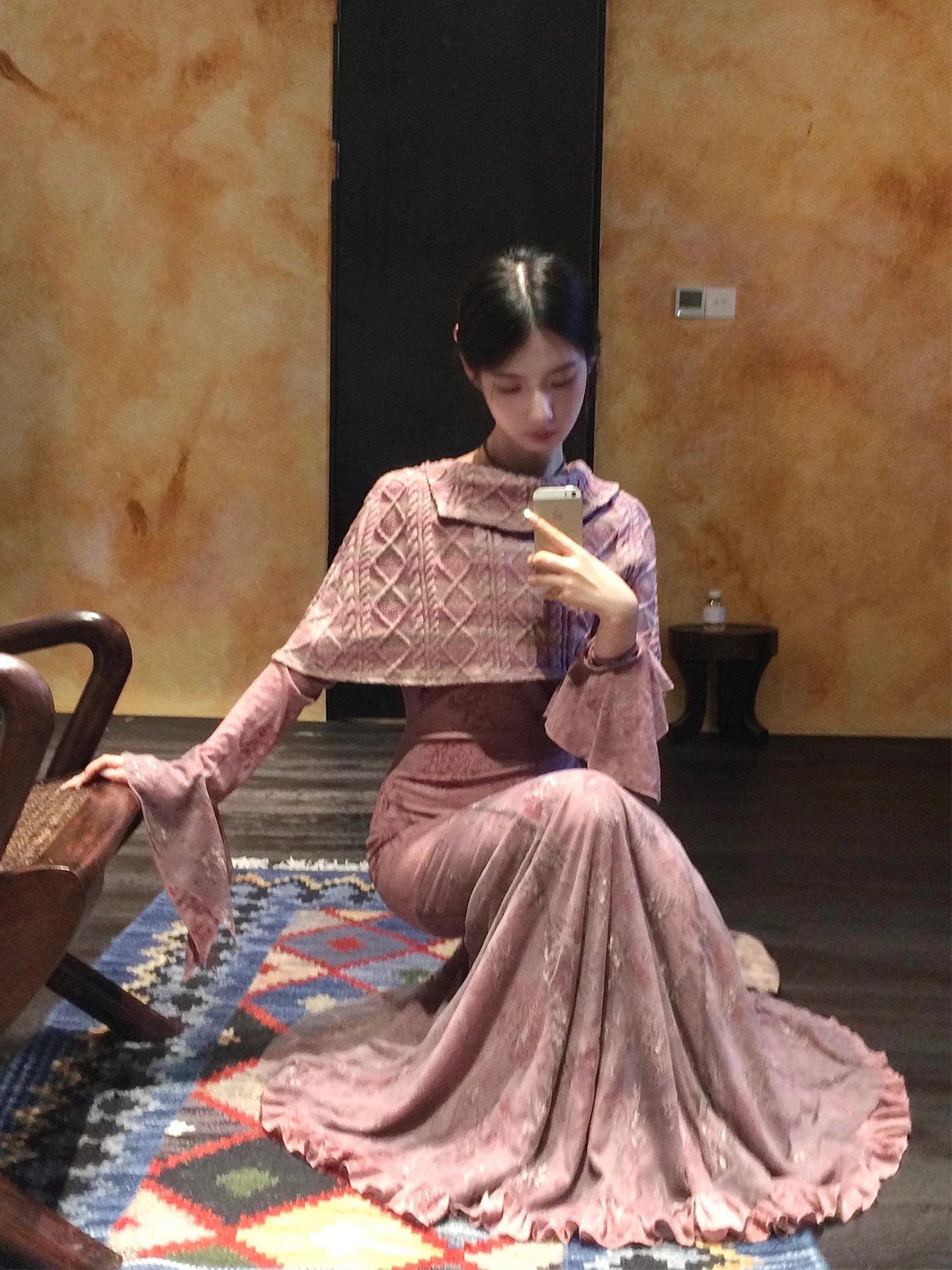 

Walkink Purple Lazy Loose Knitted Stripe Cloak Autumn Outerwear Women's ort Coat Hollow Long Sve Polyester Blend