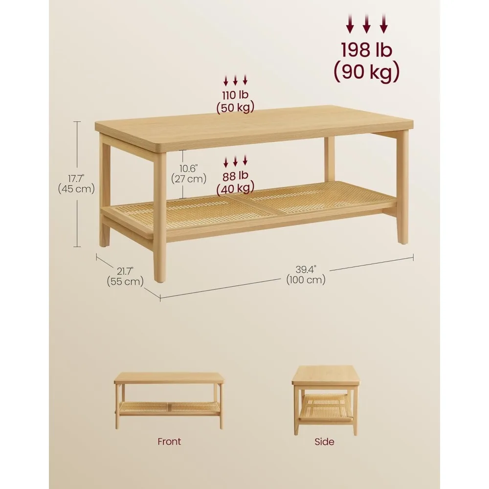 Mesa de centro para sala de estar de 2o andar, mesa de centro retangular com rack de armazenamento de vime em PVC para fácil montagem