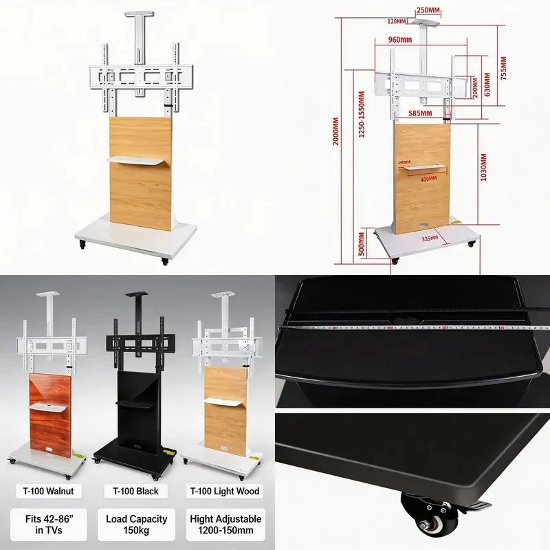 Modern Rotating Height Adjustable Mobile TV Stand for 65-75 Inch Screens Heavy Duty Metal Base with Wheels 150kg Load