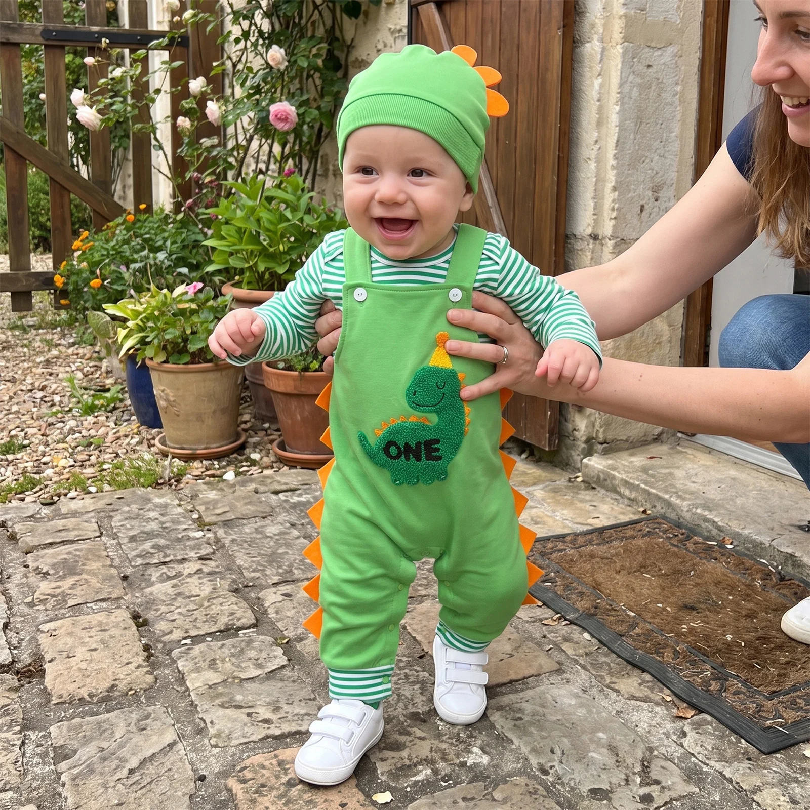 Baby Boys Birthday Outfits Long Sleeve Striped Romper with Overalls Hat