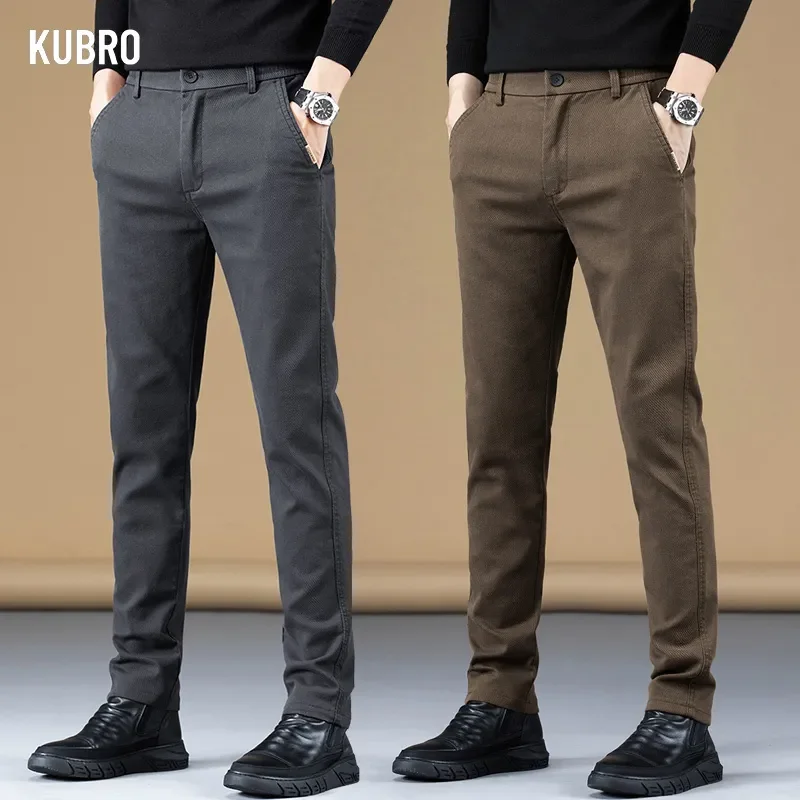 KUBRO-Calça casual masculina de tecido de algodão macio, grosso negócio slim fit, roupas de marca, moda coreana, calças masculinas, outono inverno,