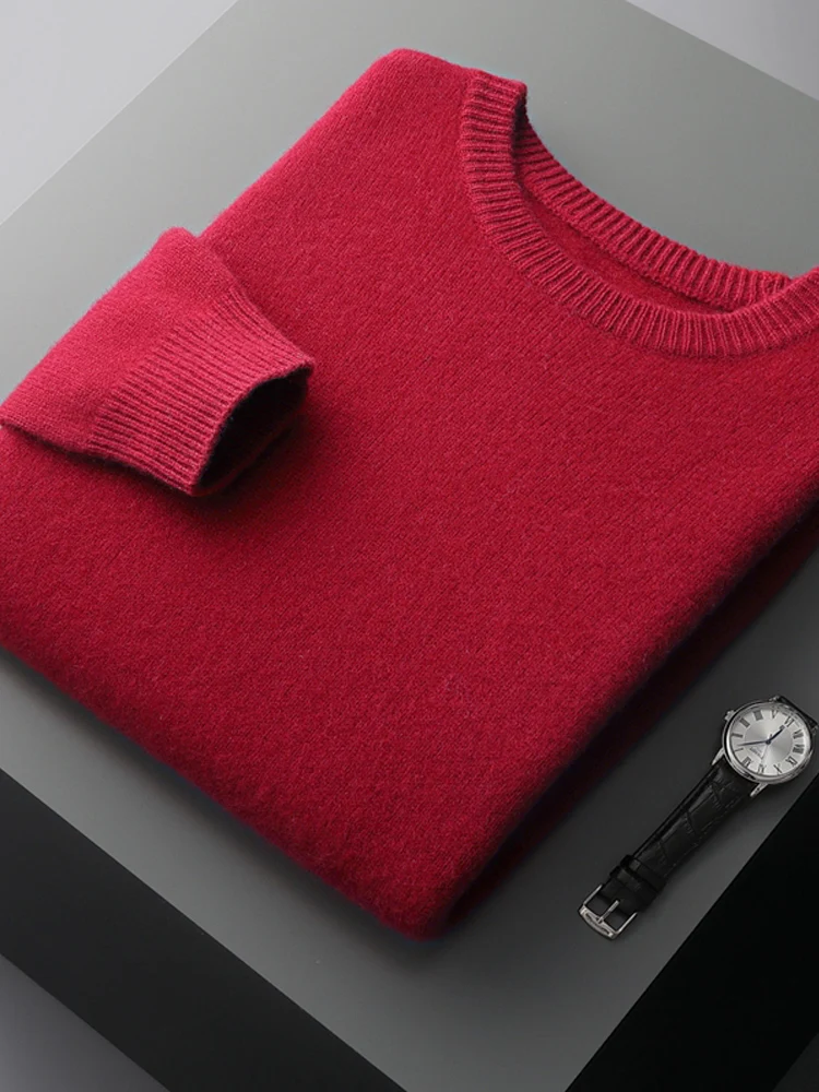 2024 Autumn Winter Men O-neck Wool Pullover 100% Merino Wool Knitwear Basic Smart Casual Thick Clothing Soft Warm Jersey Tops