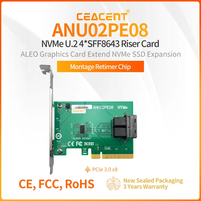 

CEACENT ANU02PE08 PCIe 3.0 x8 2*SFF8643 interfaces NVMe Adapter, Up to support 2 U.2 NVMe SSD