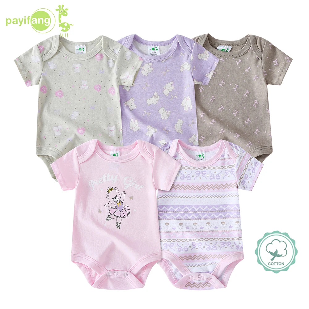5pcs Baby Girl Romper Set - Cute Animal Print Short Sleeve Outfits with Ribbed Cuffs, Soft Breathable Fabric, All-Season Comfort, Elegant Round Neck Design for Outdoor Play & Casual Attire, Baby Girl Clothes, Playful Babywear, Comfortable Babywear