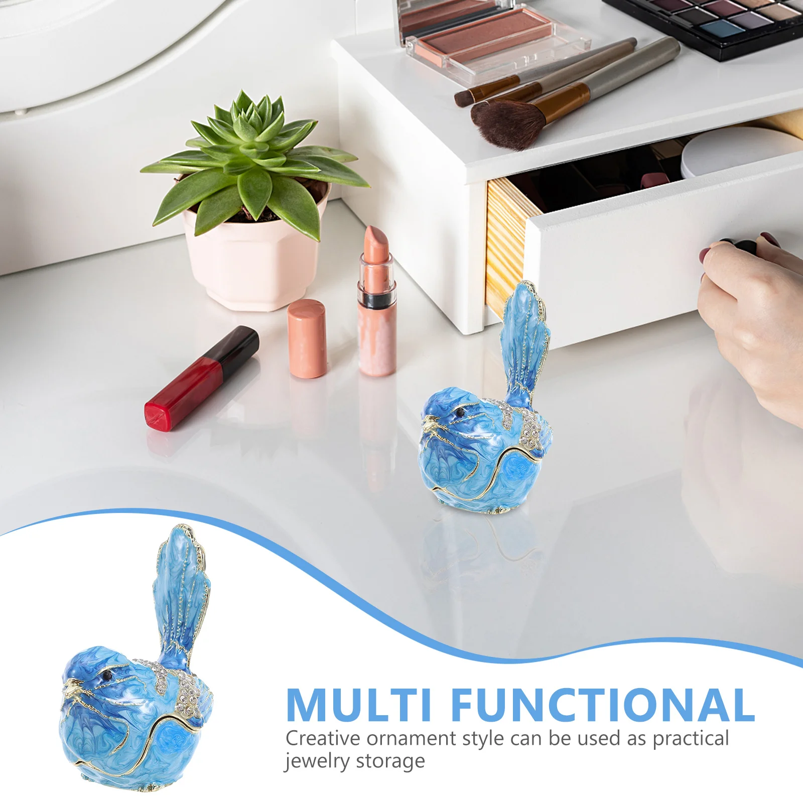 صندوق مجوهرات على شكل طائر من المينا المعدني مع لهجات من حجر الراين لتخزين حلقات الأقراط مناسبة للسفر للنساء