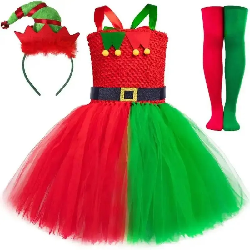Christmas Elf Tutu Dress for Kids, Red and Green Dress Set for Girls, Perfect for Christmas, New Year and Carnival Parties
