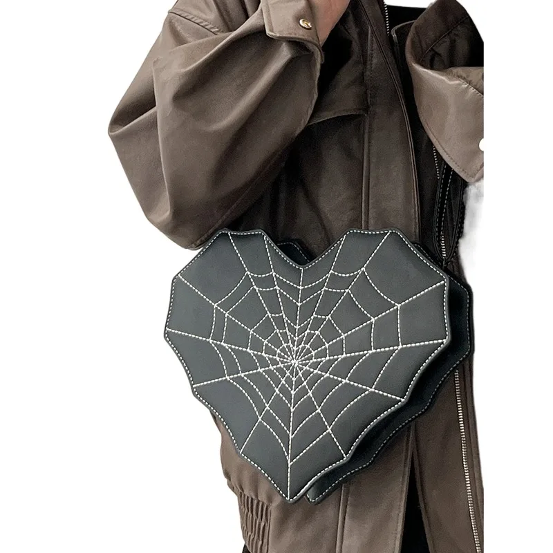 Latest Girls Medium Backpack Peach Heart Shaped Spiderweb Pattern Leather Shoulder Bag Female Fashion Punk Crossbody Phone Bag