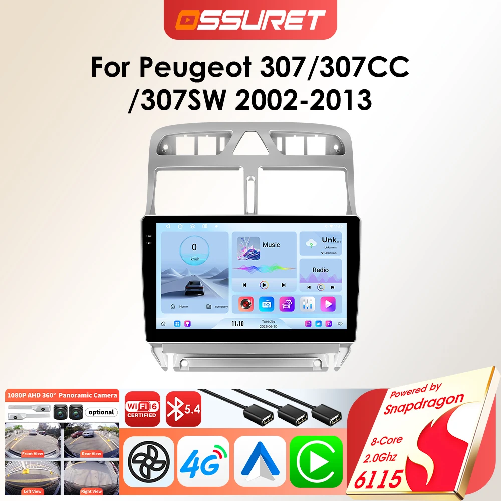 Android Car Radio for Peugeot 307 307CC 307SW 2002-2013 Stereo Multimedia Player GPS 2DIN Carplay Som Automotivo 9inch Screen